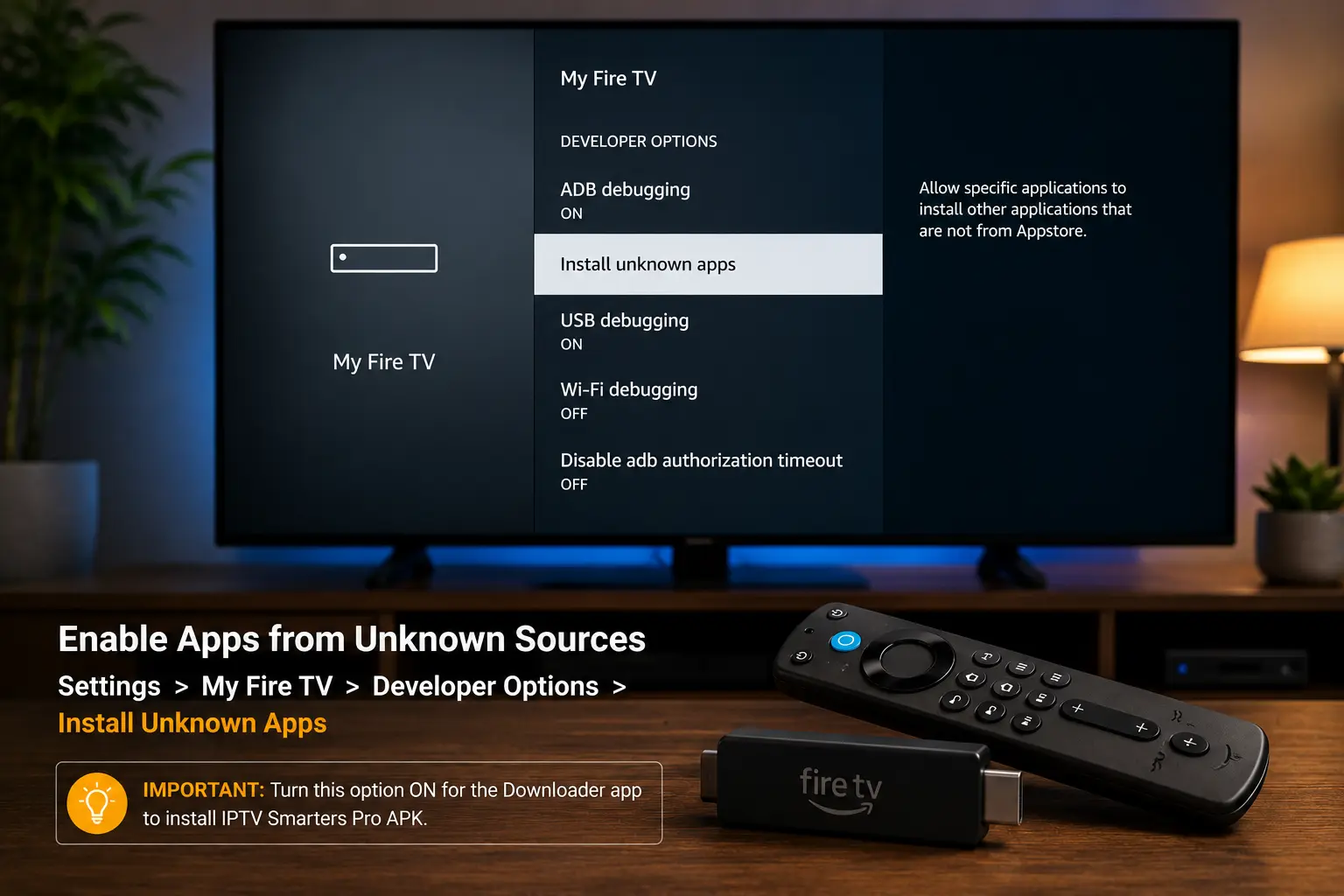 Firestick Developer Options with Install Unknown Apps turned on