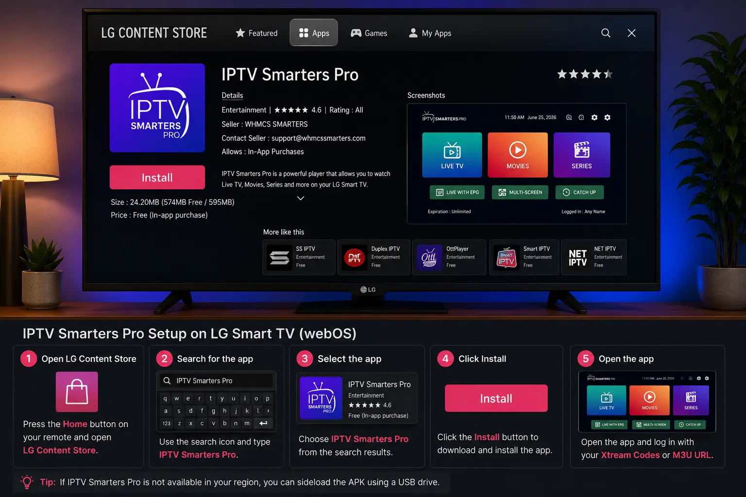IPTV Smarters Pro for Smart TV setup on an LG webOS television