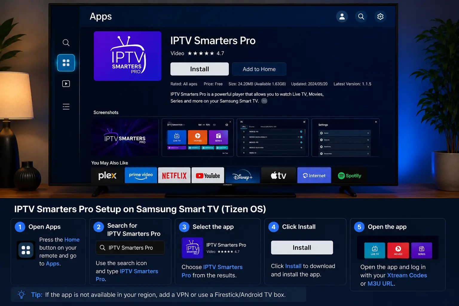 IPTV Smarters Pro for Smart TV setup on a Samsung Tizen television