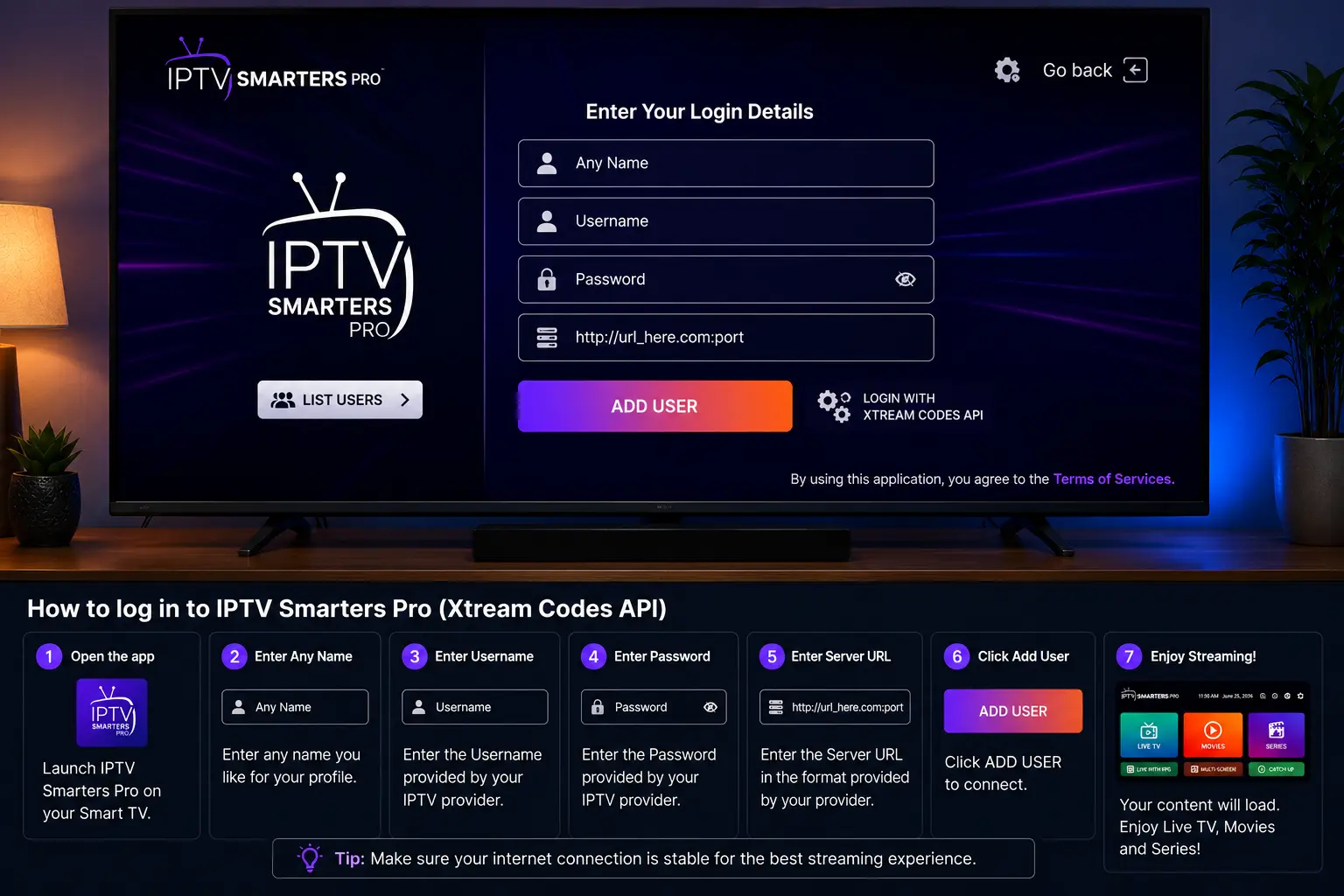 IPTV Smarters Pro for Smart TV Xtream Codes login screen