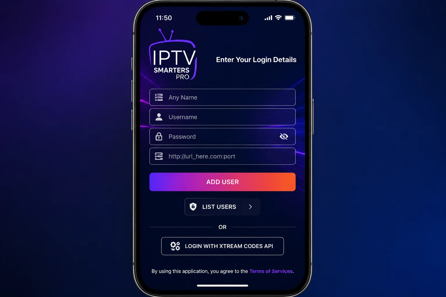 IPTV Smarters Pro for iPhone Xtream Codes login screen