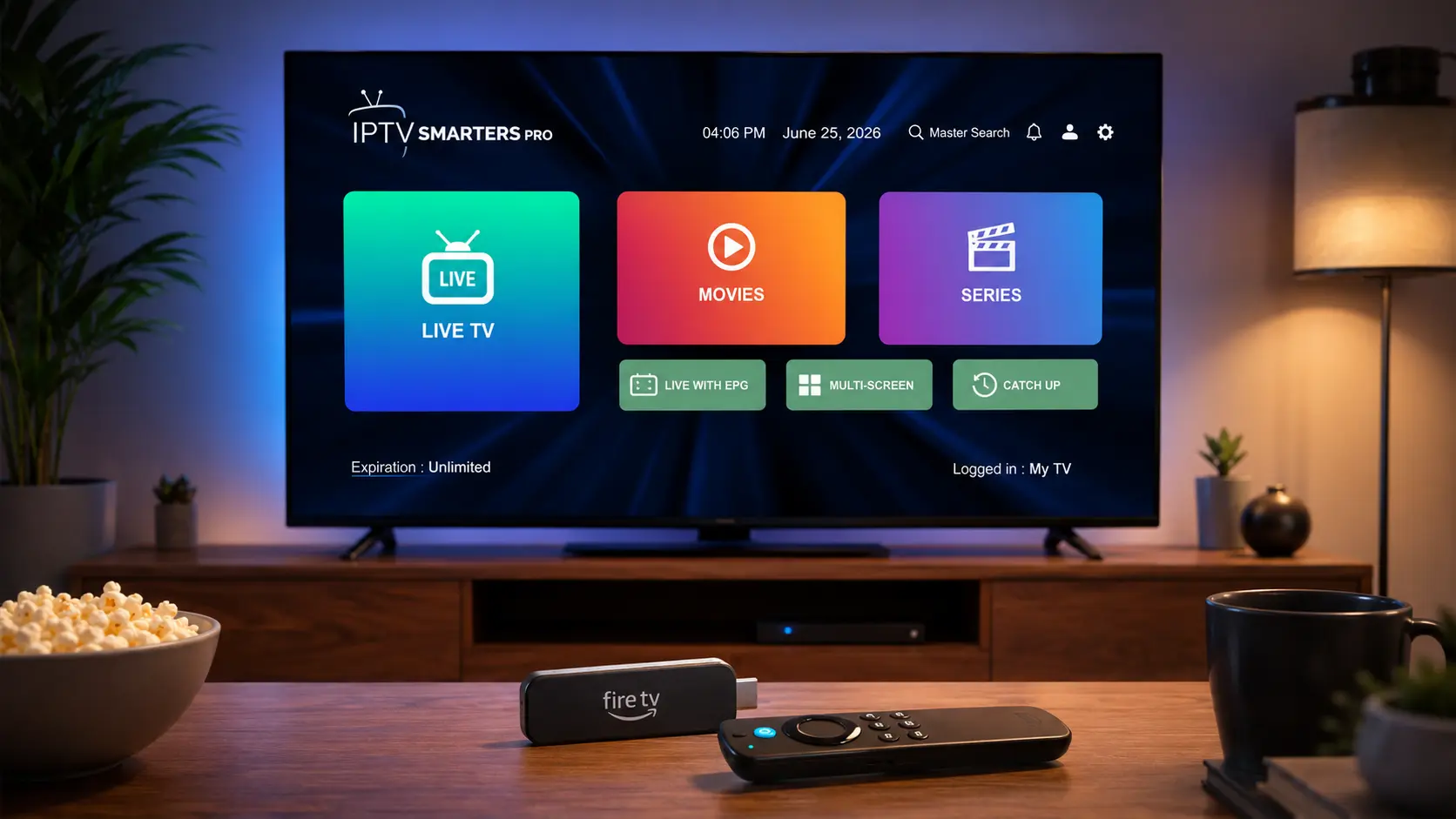 IPTV Smarters Pro for Firestick running on a living-room TV
