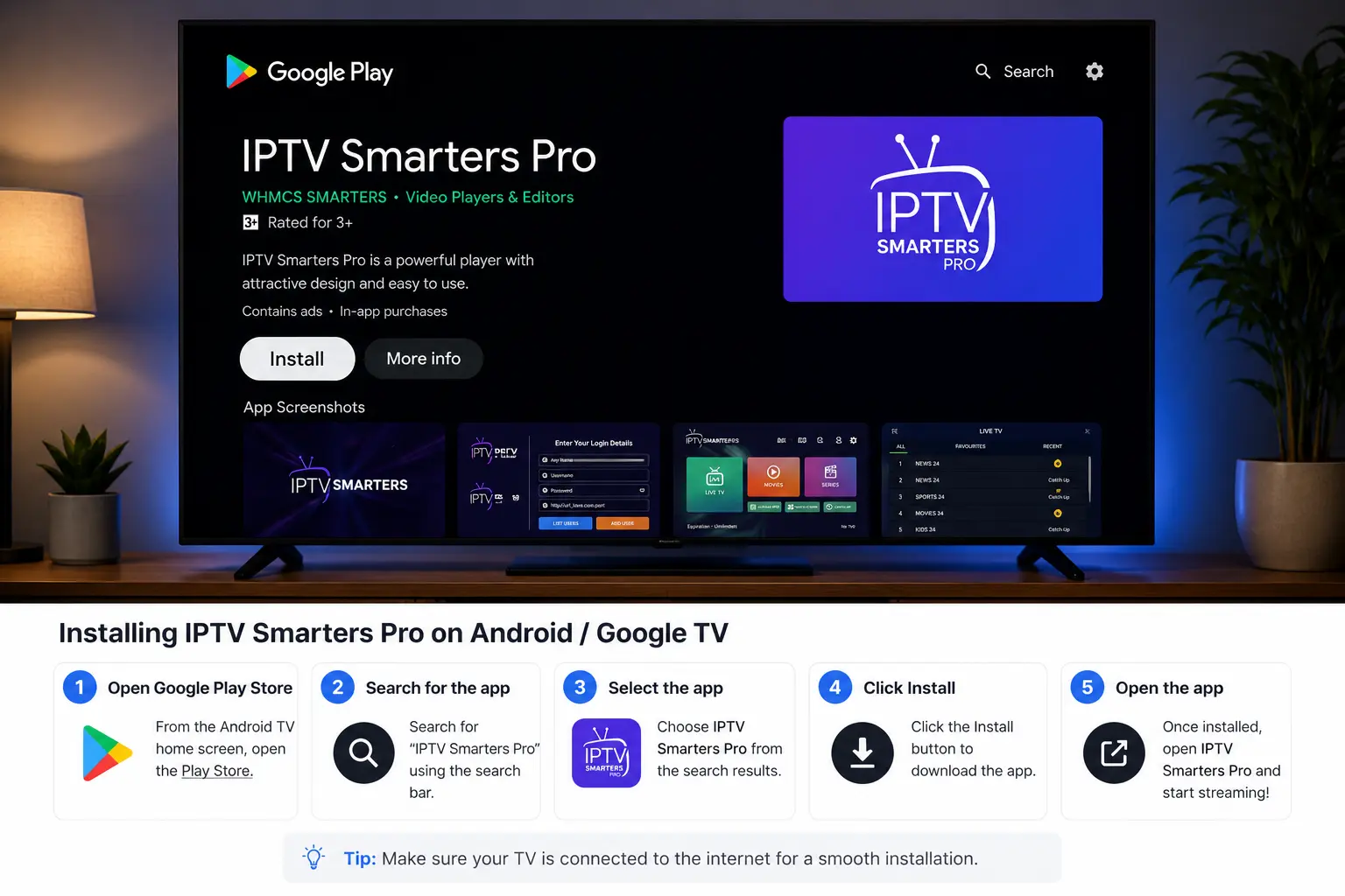 Installing IPTV Smarters Pro for Smart TV from the Google Play Store on Android TV