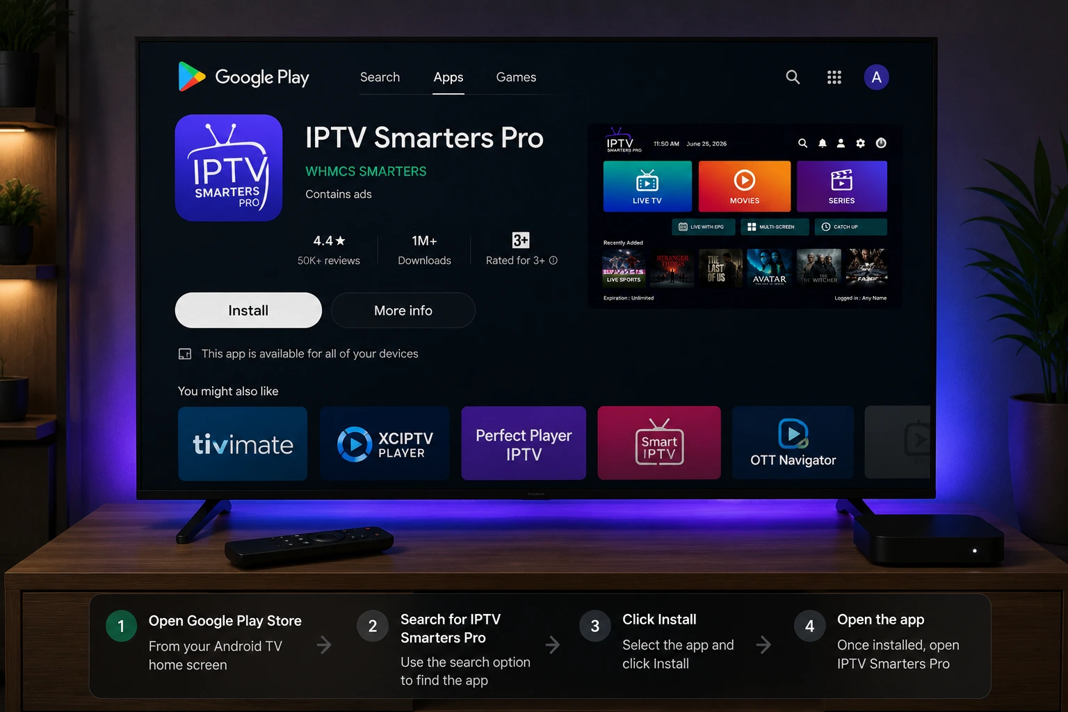Installing IPTV Smarters Pro for Android TV from the Google Play Store