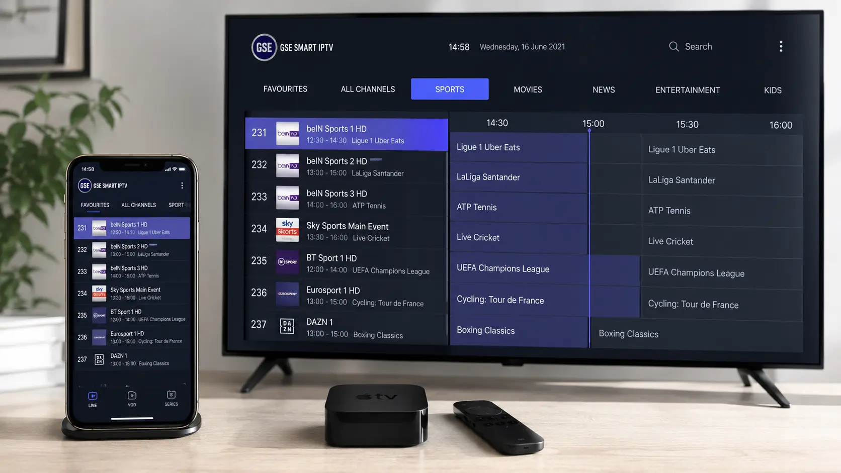 GSE Smart IPTV running on an iPhone and Apple TV with a live playlist and EPG