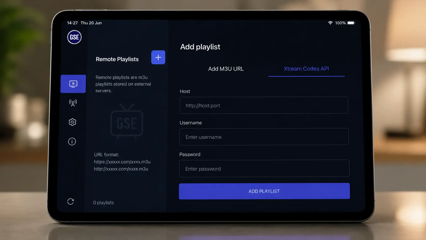 Adding an M3U or Xtream Codes playlist in GSE Smart IPTV