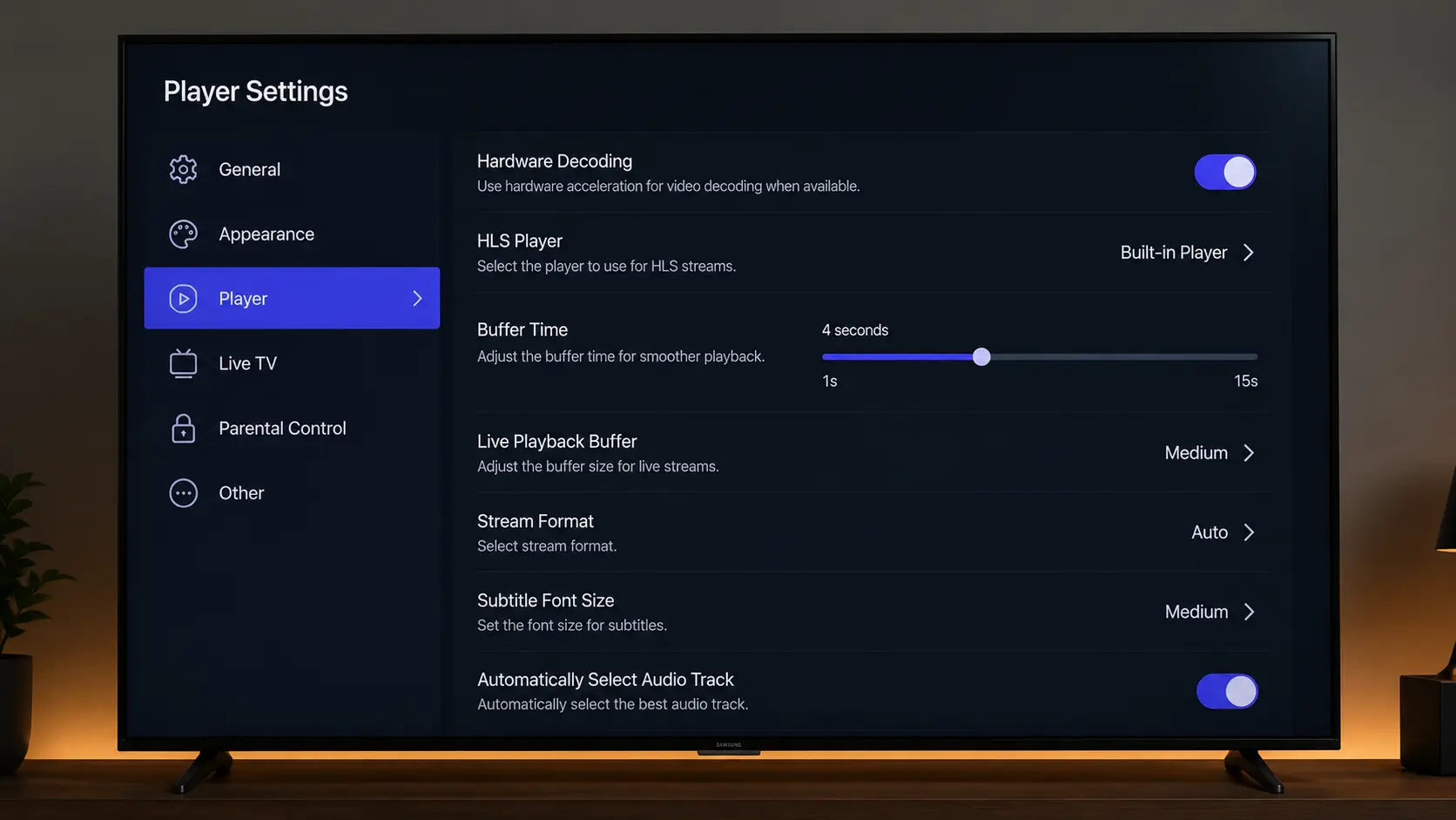 GSE Smart IPTV player settings with hardware decoding on and buffer time set