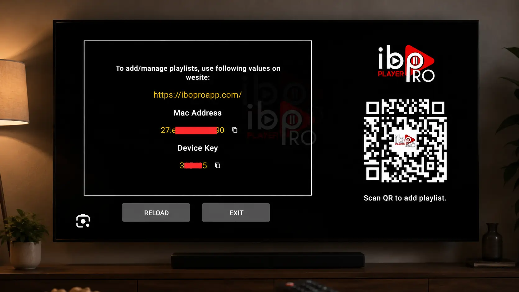IBO Player activation screen showing the MAC address and device key