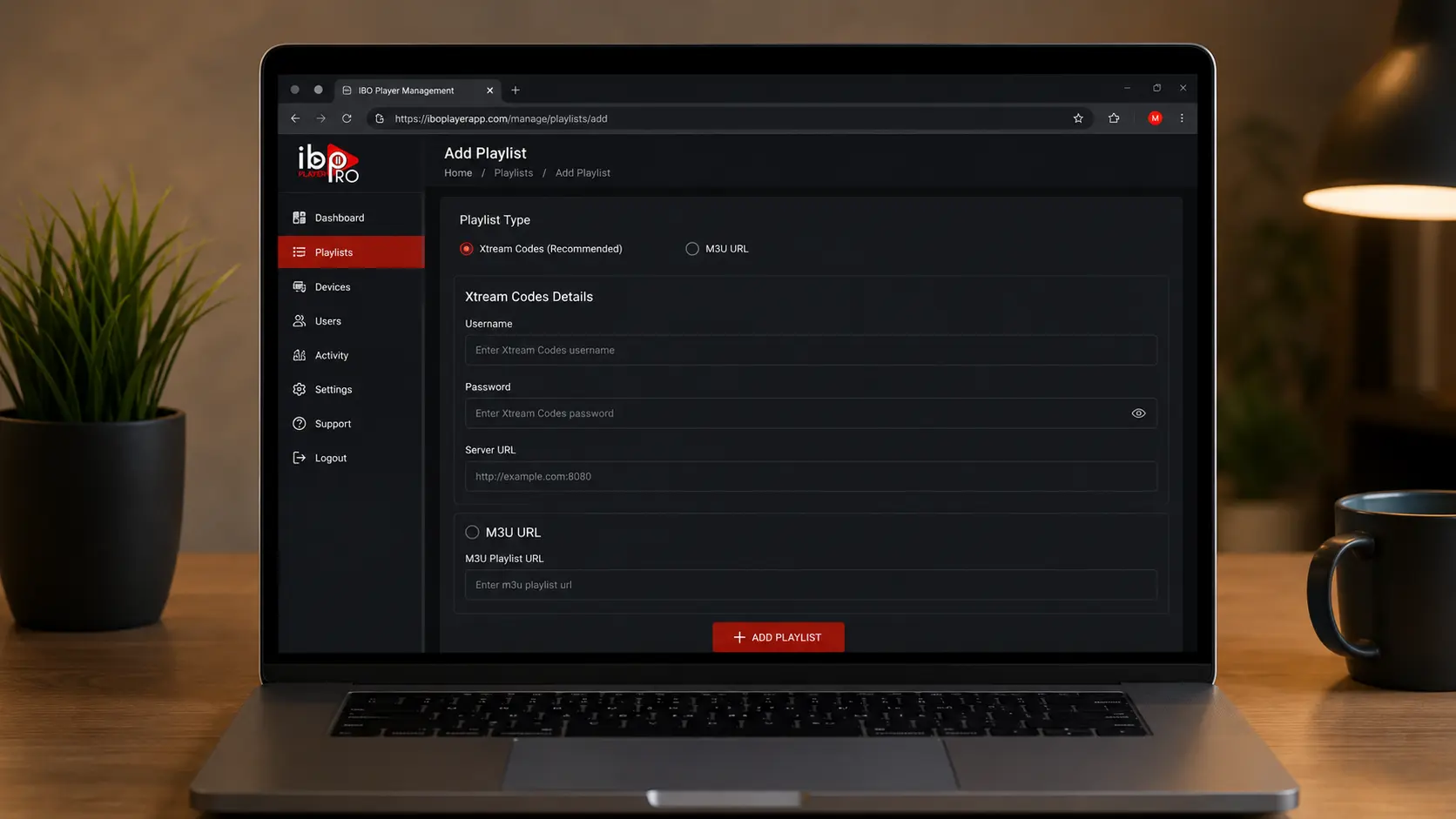 Adding an Xtream Codes or M3U playlist to IBO Player on the web portal