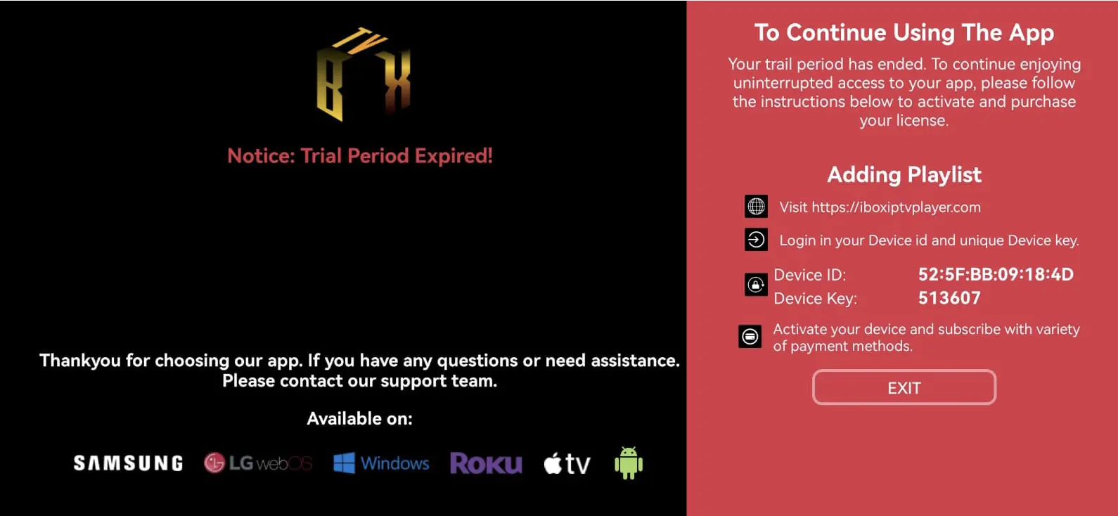 IBO XPlayer activation screen on Android TV showing the Device ID (MAC) and device key
