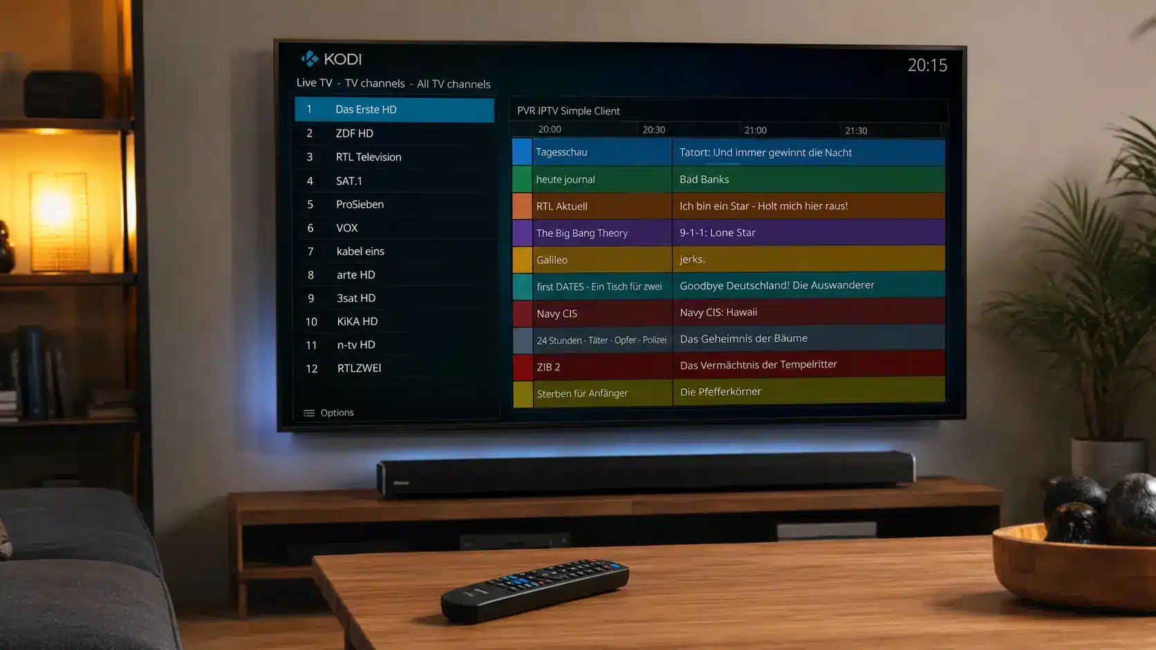 IPTV on Kodi running on a TV with PVR IPTV Simple Client