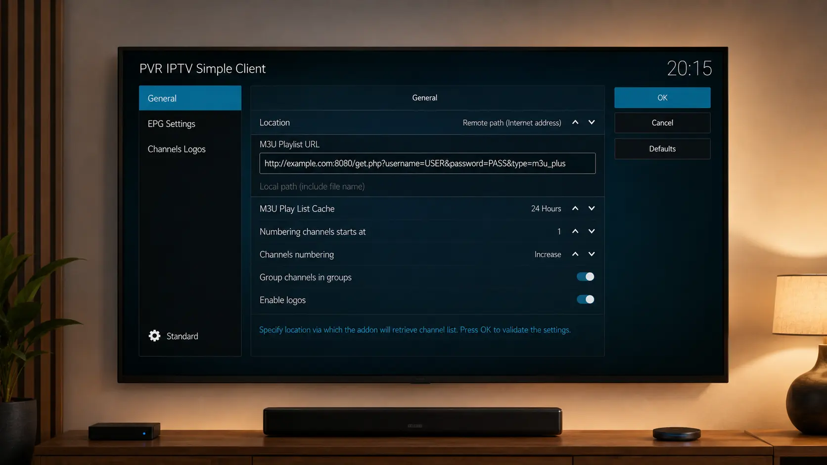 Adding an M3U playlist URL to set up IPTV on Kodi
