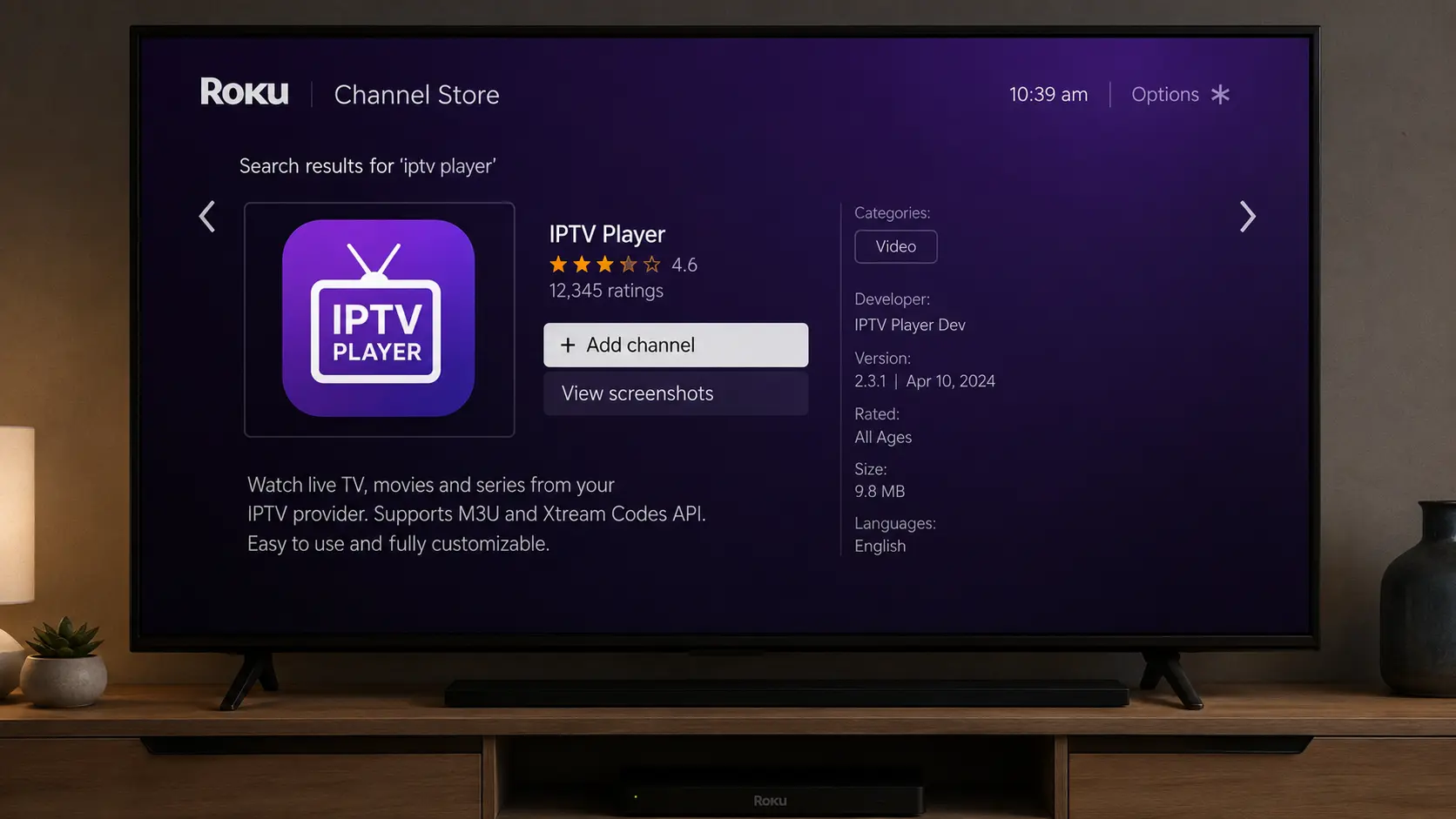 Installing an IPTV player from the Roku Channel Store to watch IPTV on Roku