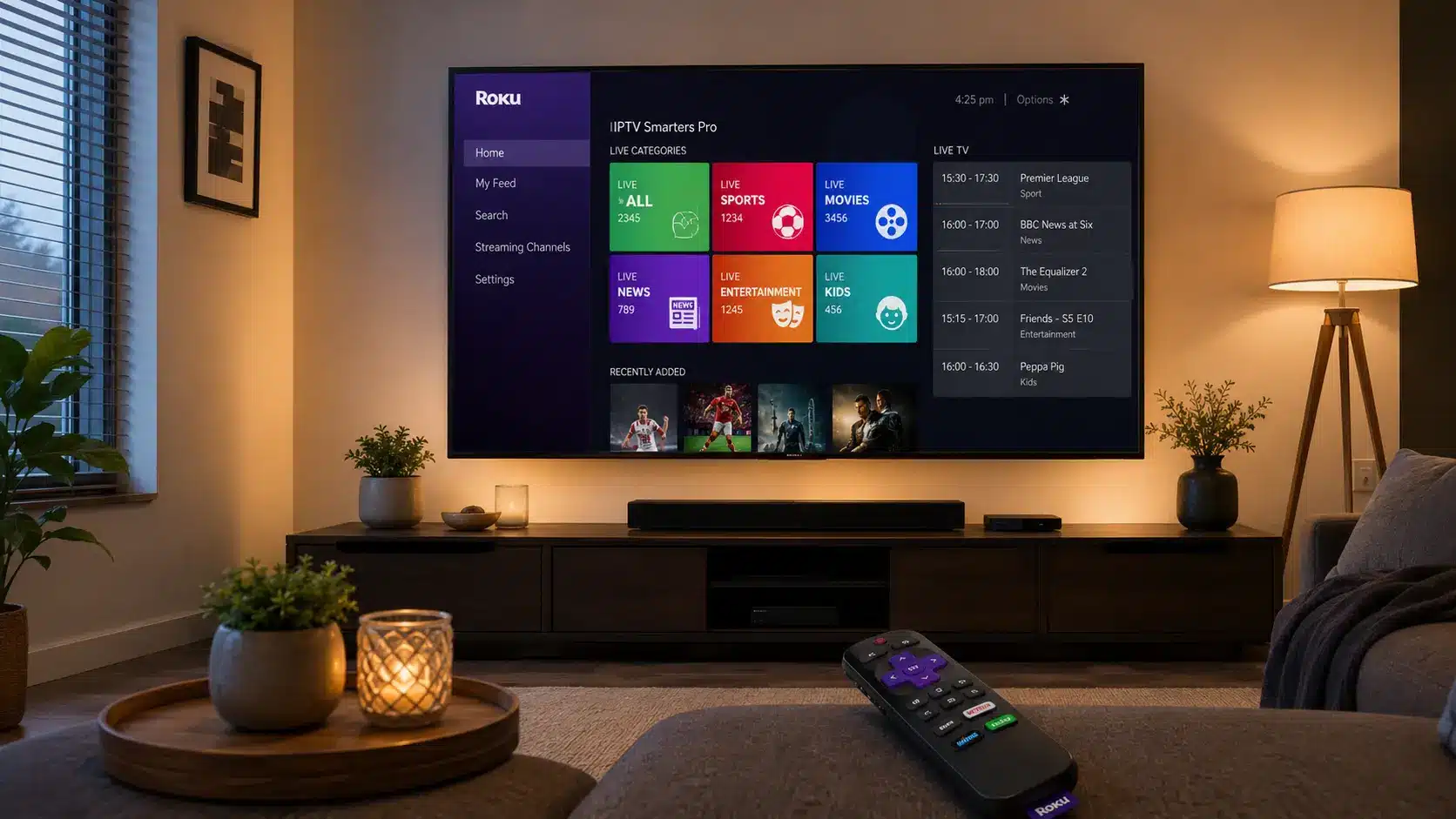 IPTV on Roku shown on a Roku TV with a live channel player and EPG