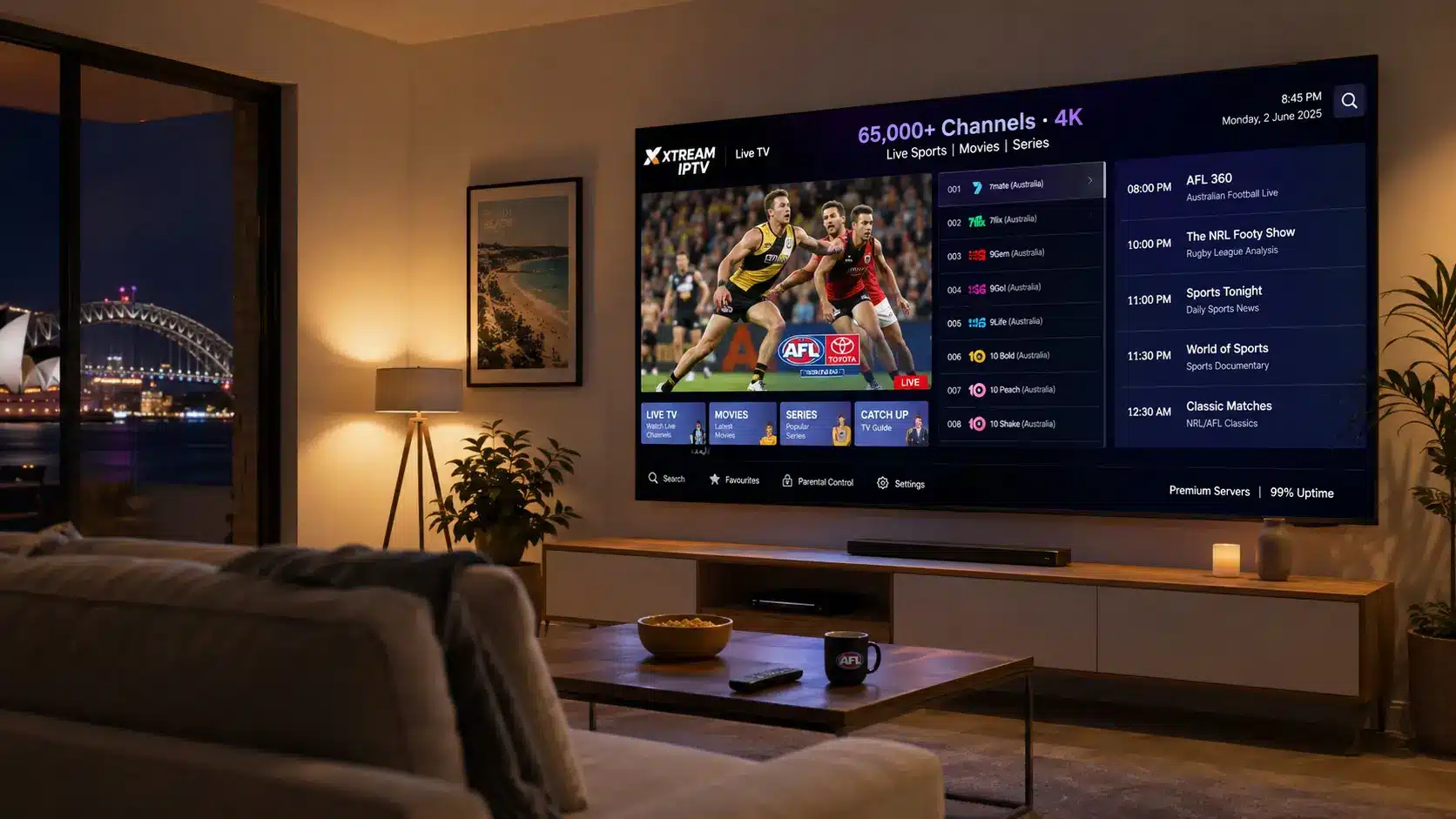 AUIPTV premium Australian IPTV service showing live channels and sport in 4K