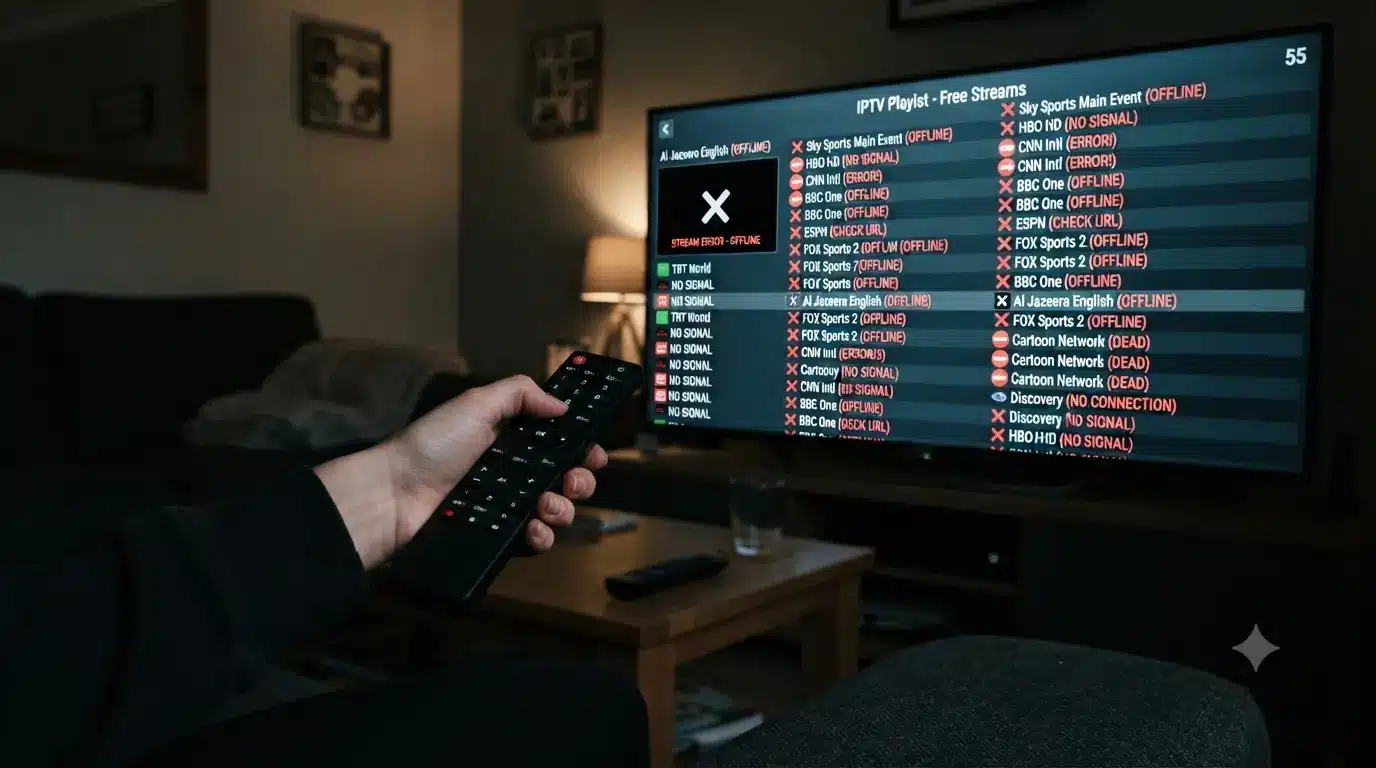A free popular IPTV playlist (M3U) loaded in an IPTV player on a TV