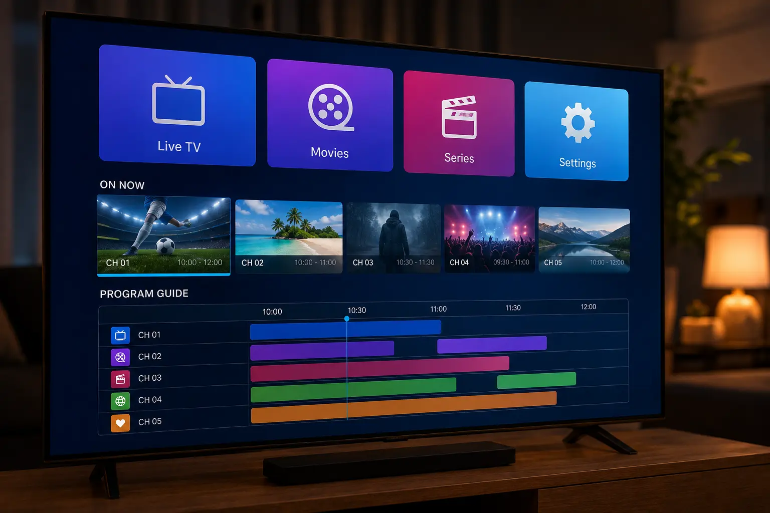 IPTV app channel list and program guide on a Smart TV screen