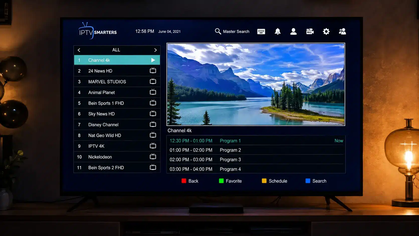 IPTV channels list with program guide categories on a Smart TV