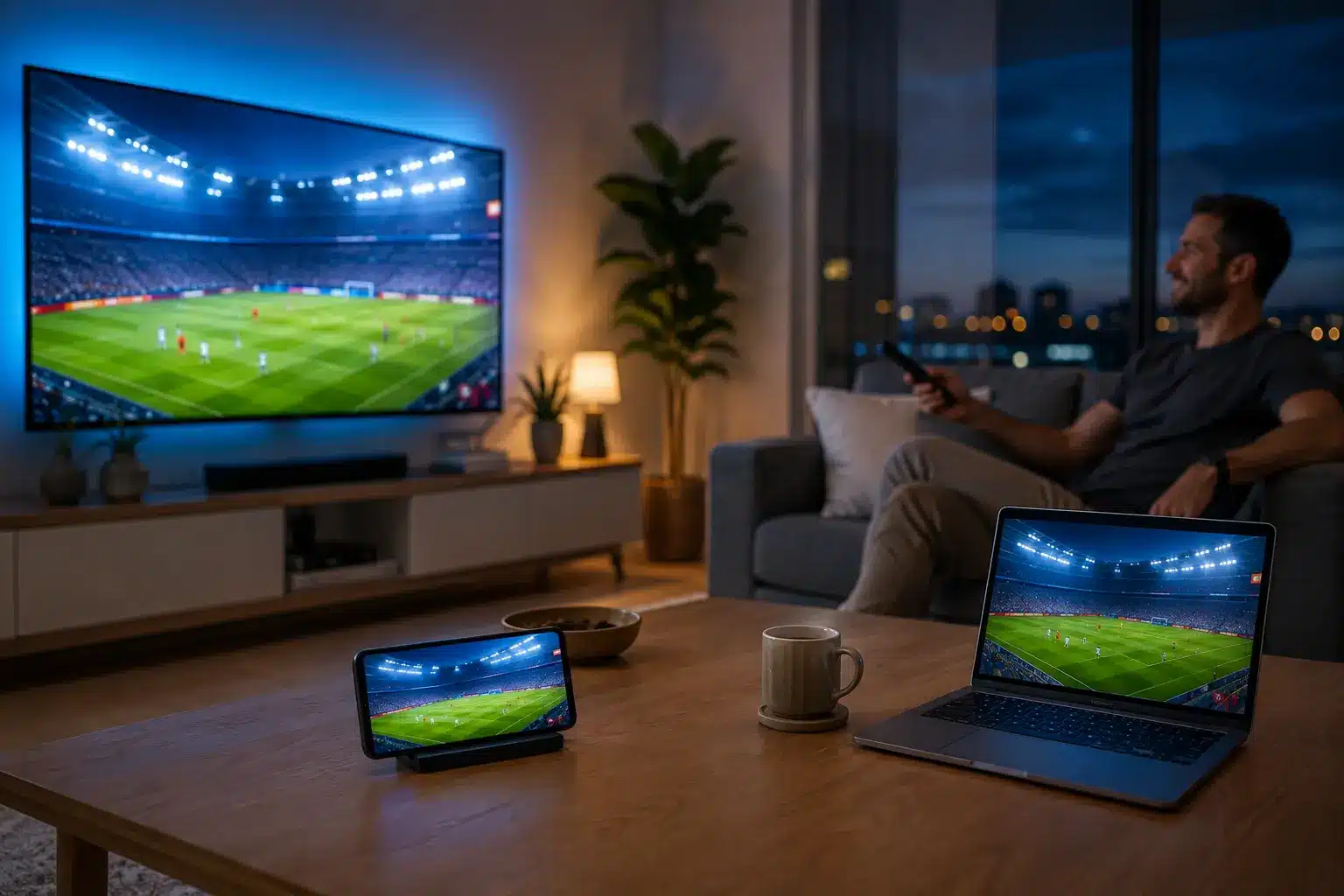 IPTV streaming live TV on a Smart TV, phone and laptop at once